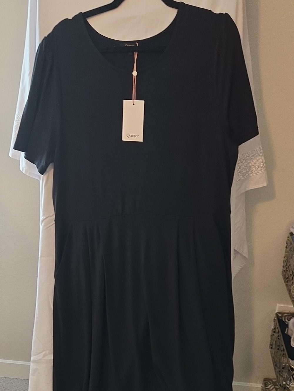 Quince Black Crewneck Short Sleeve Top with Orange Tag Cord